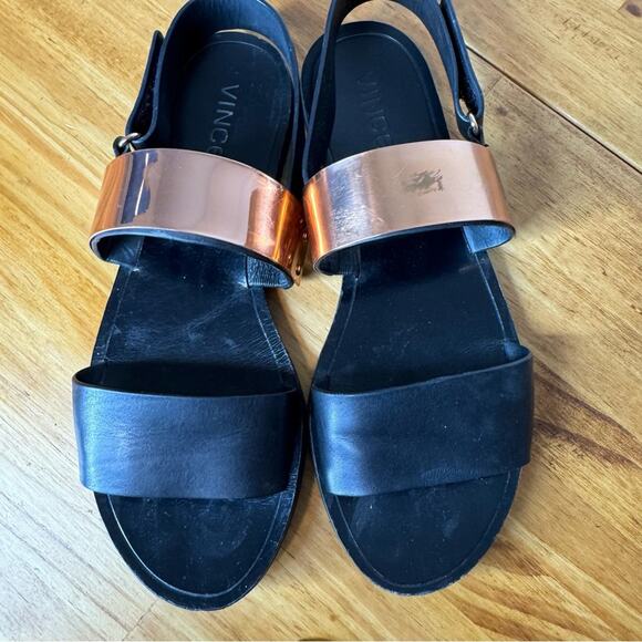 Vince Black Leather Rose Gold Ankle Strap Flat Sandals Size 7 - Picture 4 of 6
